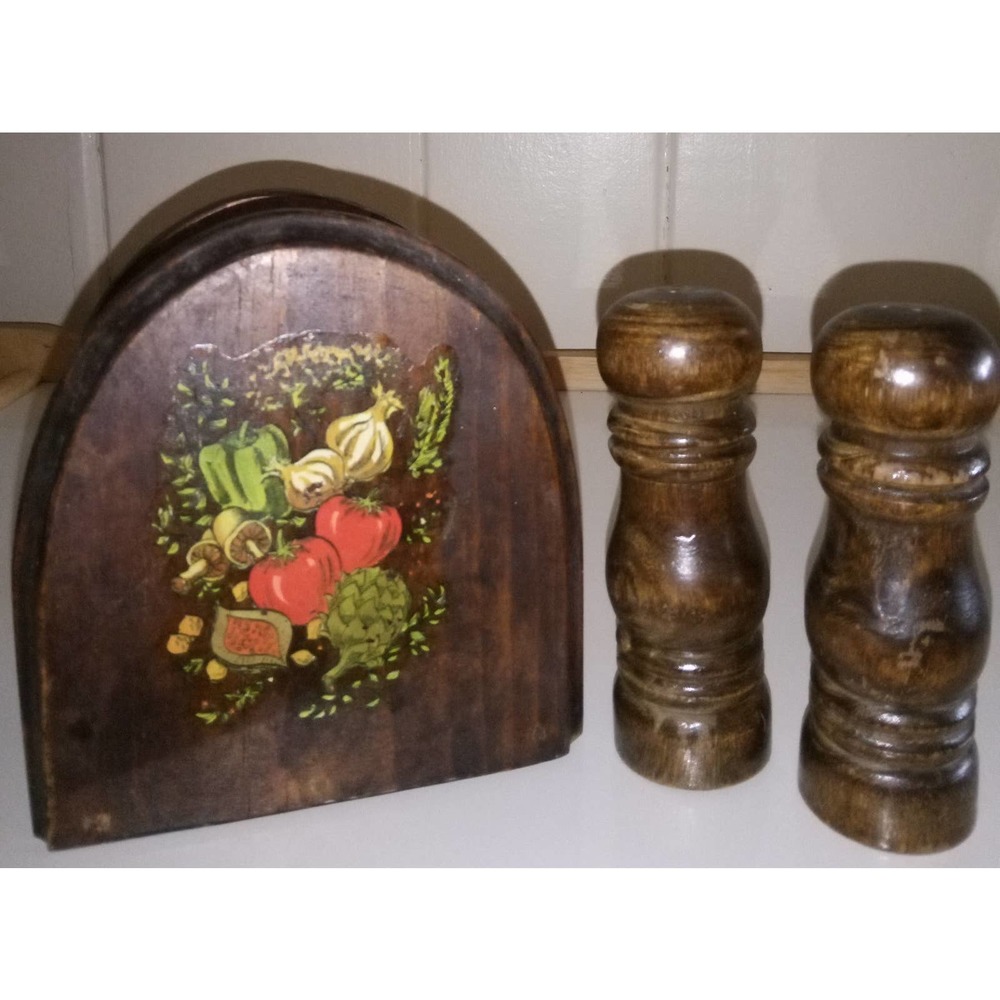 Vintage Wooden Napkin Holder with Salt and Pepper Shaker